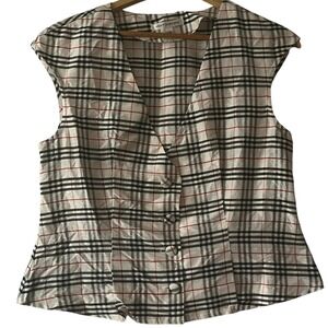 Kent Nielsen Women's M Beige Red Black Plaid Silk Sleeveless Button Front Top‎